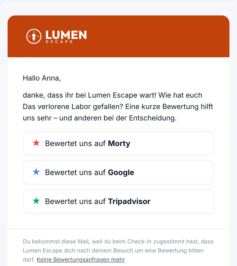 Review email from Lumen Escape with buttons for Morty, Google and Tripadvisor