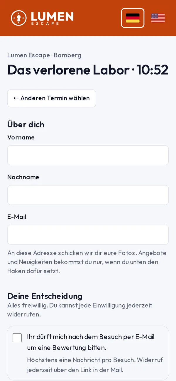 Lumen Escape check-in form for the room “The Lost Lab” with fields for name and email