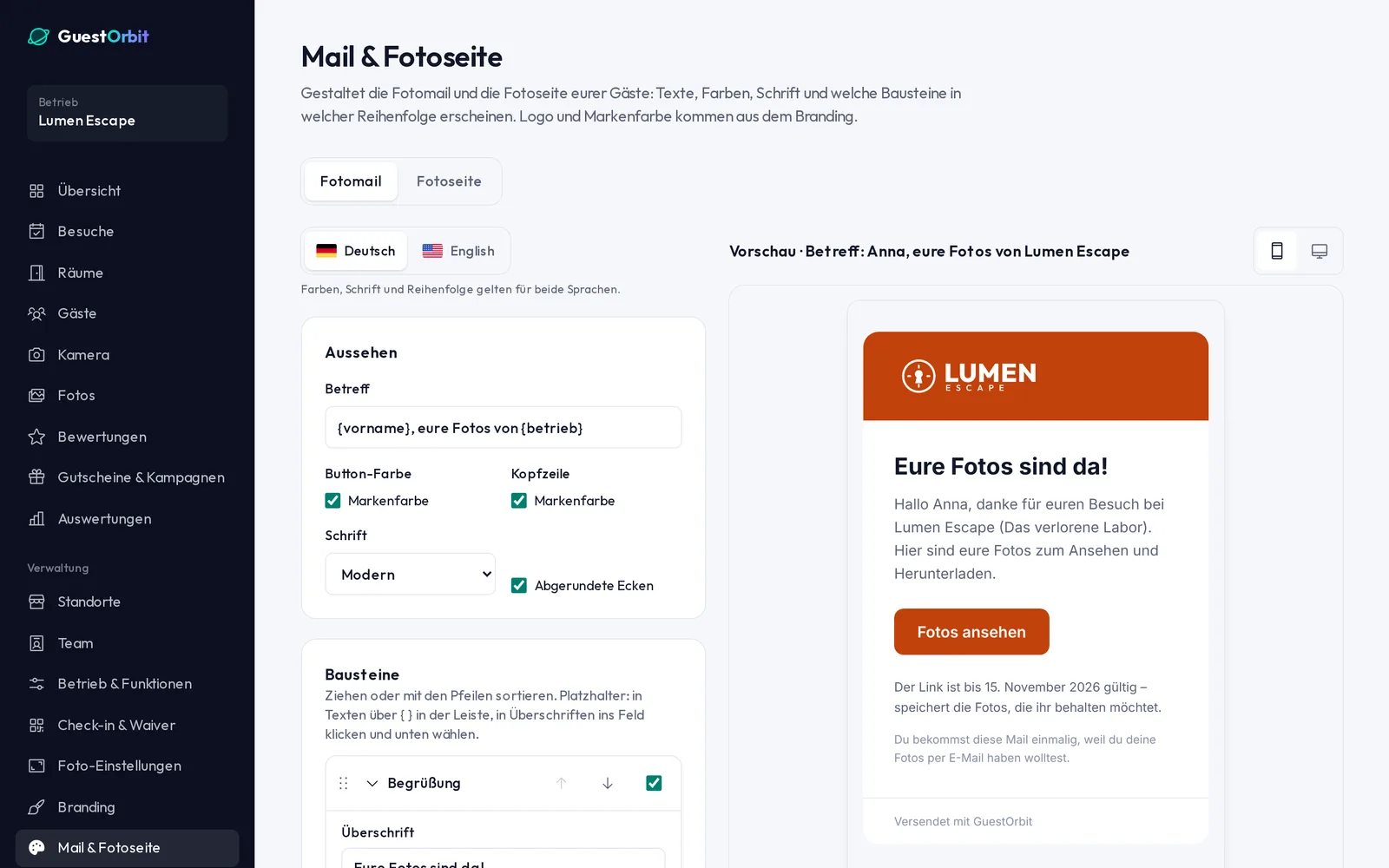 Designer for photo email and photo page with settings on the left and live preview on the right