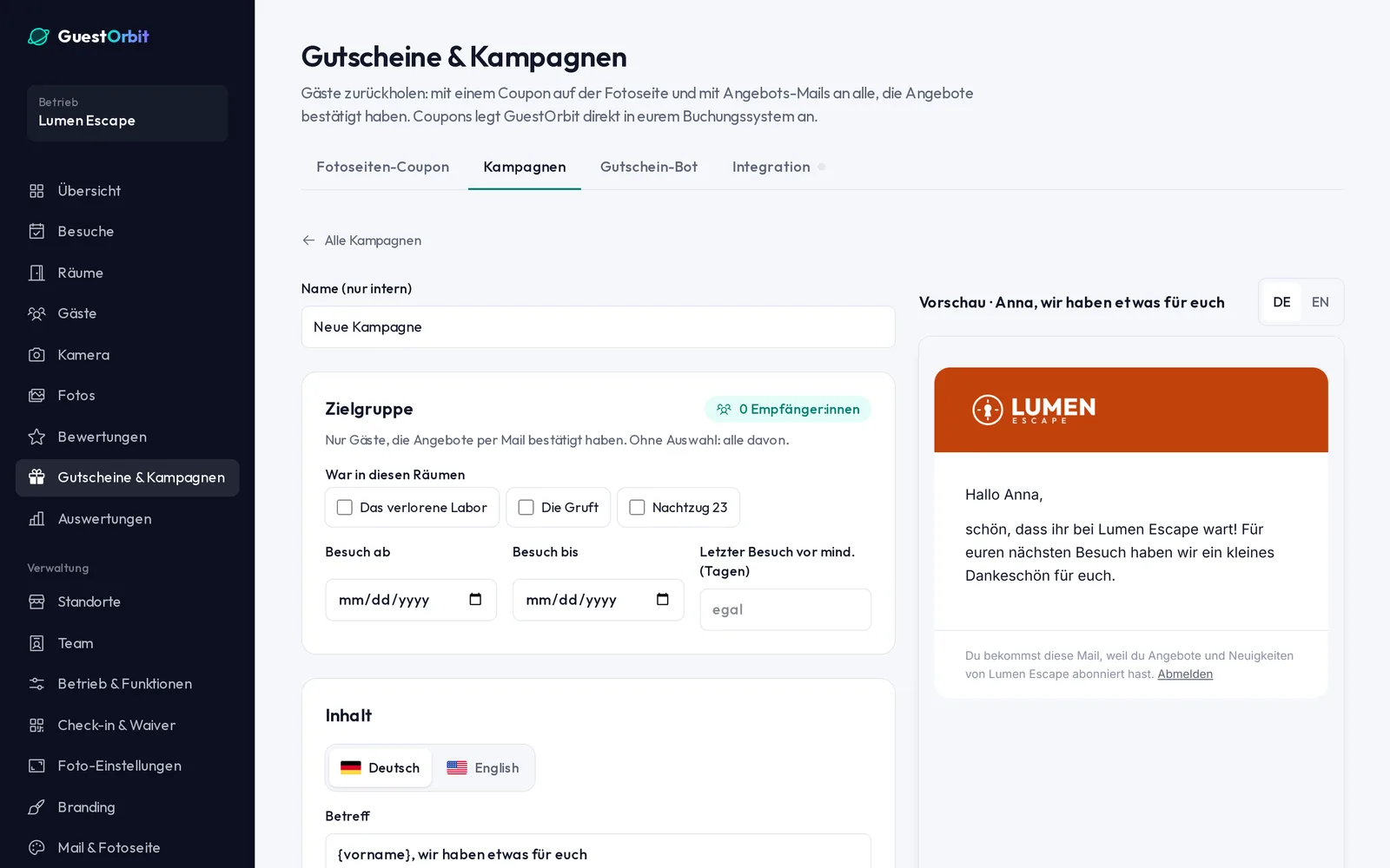 Campaign editor with target group on the left and preview of the offer email on the right